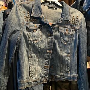 Upcycled jeans jacket size M. Embellished with studs on the front and tie on b.
